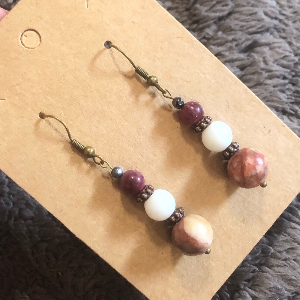 Handcrafted genuine stone crackle quartz hematite dangle earrings